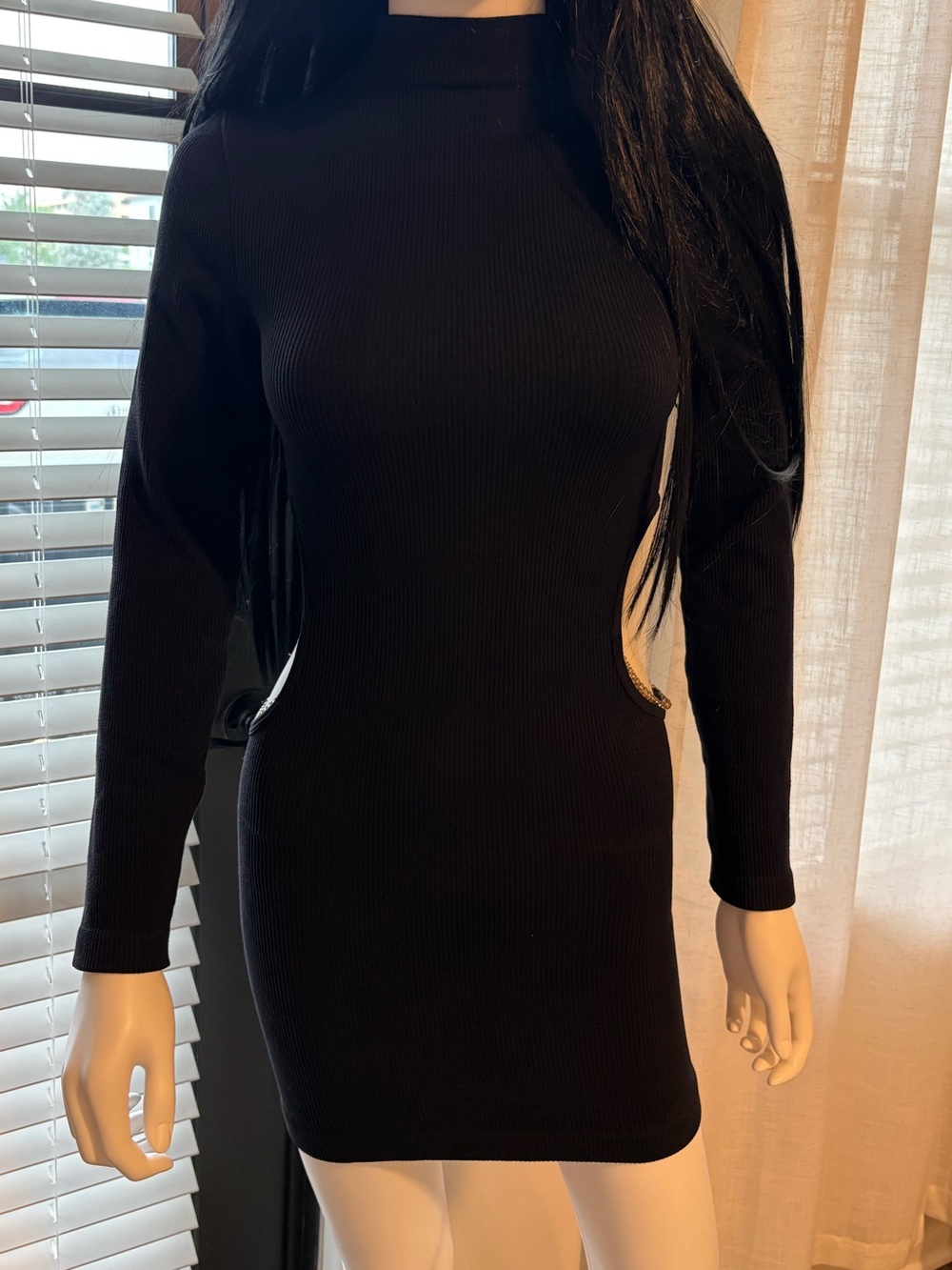 🖤Zara Ribbed Bodycon Cutout Mini Dress NWT Black Rhinestone Detail M/L - Picture 3 of 7